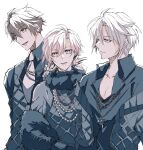  3boys bishounen black_shirt brown_eyes brown_hair chain_necklace closed_mouth collared_shirt facing_to_the_side facing_viewer grey_eyes grey_jacket grey_shirt highres idolish7 jacket jewelry kujou_tenn looking_ahead male_focus multiple_boys necklace open_mouth pink_eyes pink_hair sakura_(lilak_a) shirt short_hair trigger_(idolish7) white_hair 