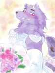  anthro bathym black_sclera blush bouquet clothed clothing crossdressing demon dress flower flower_bouquet fur horn horned_humanoid humanoid lifewonders male minminsemi plant purple_body purple_fur red_eyes smile solo tokyo_afterschool_summoners wedding_dress white_clothing white_dress 