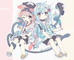  1boy 1girl animal_ears arknights black_shorts blue_bow blue_hair bow braid cat_ears chibi cosplay food goldenglow_(arknights) holding holding_food infection_monitor_(arknights) jacket mizuki_(arknights) mizuki_(arknights)_(cosplay) mizuki_(summer_feast)_(arknights) naguru_(cyoroama) off_shoulder one_eye_closed pink_eyes pink_hair popsicle sandals short_hair short_hair_with_long_locks shorts sitting tentacles white_jacket 