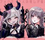  2girls :d :o ;d black_crown_(object) black_gloves black_horns black_jacket black_ribbon braid breasts cleavage collared_shirt crown danganronpa_(series) danganronpa_kirigiri fingerless_gloves gloves grey_hair hair_ribbon highres horns jacket kirigiri_kyoko large_breasts master_detective_archives:_rain_code multiple_girls naruse_(nal1525) one_eye_closed pale_skin purple_eyes ribbon shinigami_(rain_code) shirt smile teeth translation_request twin_braids twintails upper_teeth_only white_shirt 