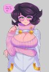  1girl adapted_costume arm_under_breasts big_hair blush breast_hold breasts cleavage embarrassed glasses green_eyes highres large_breasts long_sleeves looking_at_viewer pink-framed_eyewear pink_sweater pokemon pokemon_(game) pokemon_sm purple_hair ribbed_sweater ruinique solo sweater turtleneck turtleneck_sweater wicke_(pokemon) wide_hips 