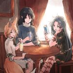  3girls animal_ears bad_link black_hair black_shirt black_skirt blonde_hair blue_dress bow brown_tail chair closed_mouth collared_shirt crossed_legs cup curtains day dress drink drinking_glass drinking_straw expressionless feet_out_of_frame fox_ears fox_girl fox_tail grey_eyes grey_hair grey_ribbon hair_between_eyes hand_on_own_cheek hand_on_own_face head_rest himemushi_momoyo hisona_(suaritesumi) holding holding_cup iizunamaru_megumu indoors kudamaki_tsukasa long_bangs long_hair looking_at_another looking_at_object multiple_girls on_chair open_mouth orange_bow orange_eyes pointy_ears ribbon-trimmed_sleeves ribbon_trim romper shirt short_hair short_sleeves sitting skirt skirt_set sleeves_past_elbows table tail touhou turtleneck_dress white_romper window wooden_chair wooden_table yellow_eyes yellow_tail 