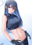  1girl black_gloves blue_archive blue_eyes blue_hair breasts cliov closed_mouth crop_top gloves halo highres large_breasts long_hair navel saori_(blue_archive) solo stomach v-shaped_eyebrows 