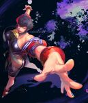  1girl alternate_color breasts cleavage dougi fefeather fisheye hand_focus hands_up highres hime_cut hip_vent manon_(street_fighter) martial_arts_belt purple_hair red_wristband skin_tight spandex street_fighter street_fighter_6 wristband 