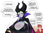  ! 1boy 2girls aurora_(disney) bird blonde_hair blush breasts brown_hair cleavage crow crying crying_with_eyes_open english_text gigantic_breasts green_eyes highres long_hair maleficent mature_female monster_girl multiple_girls open_mouth phillip_(disney) pinkkoffin purple_eyes short_hair simple_background sleeping_beauty speech_bubble tears teeth upper_teeth_only white_background witch 
