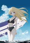  1girl artist_name bare_arms bare_legs bare_shoulders bikini black_bikini blonde_hair blue_eyes blush closed_mouth cloud collarbone day highres jervis_(kancolle) kantai_collection long_hair looking_at_viewer navel neve_(morris-minicooper) ocean outdoors signature sky smile solo surfboard swimsuit water 