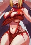  1girl bare_shoulders blonde_hair breast_hold breasts cleavage collarbone facial_mark fate/grand_order fate_(series) fur_collar highres large_breasts navel nero_claudius_(fate) obazzotto pelvic_curtain queen_draco_(beast_vi/s)_(fate) queen_draco_(fate) red_eyes red_skirt revealing_clothes short_hair skirt thighs tongue tongue_out veil 