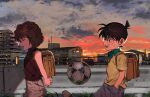  1boy 1girl alternate_costume arms_behind_back backpack bag ball black_hair blue_eyes brown_hair cityscape closed_eyes cloud cloudy_sky day edogawa_conan glasses haibara_ai hands_in_pockets highres meitantei_conan outdoors segami short_hair sky soccer_ball sunset 