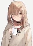  1girl ahoge berry black_choker brown_eyes brown_hair brown_hoodie choker coffee coffee_mug crossed_bangs cup earrings food-themed_earrings glasses highres holding holding_cup hololive hololive_english hood hoodie jewelry long_bangs long_hair looking_at_viewer mug multicolored_hair nanashi_mumei nanashi_mumei_(3rd_costume) necklace official_alternate_costume oversized_clothes paw_print red_shirt round_eyewear shirt shuuzo3 streaked_hair sweater virtual_youtuber white_sweater wide_sleeves 
