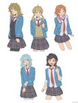  5girls aoi_hinata black_hair black_skirt blazer blonde_hair blue_hair blue_jacket chiba_(satochikasmart) ensemble_stars! genderswap genderswap_(mtf) green_eyes grey_background headphones headphones_around_neck highres jacket long_hair long_sleeves looking_at_viewer mashiro_tomoya medium_hair multicolored_hair multiple_girls nagumo_tetora necktie orange_eyes orange_hair pink_headphones plaid plaid_skirt purple_eyes red_hair red_necktie school_uniform shino_hajime skirt takamine_midori yellow_eyes yumenosaki_school_uniform 