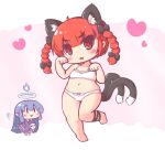  2girls :3 :d ahoge animal_ear_fluff animal_ears bare_arms bare_legs barefoot black_ribbon blunt_bangs bow bow_panties braid breasts cat_ears cat_tail chibi commentary_request extra_ears forked_tail hands_up heart hitodama kaenbyou_rin leg_ribbon long_hair looking_at_viewer maitora multiple_girls navel nekomata open_mouth panties paw_pose pink_background red_eyes red_hair ribbon simple_background small_breasts smile solo_focus standing standing_on_one_leg tail touhou twin_braids underwear v-shaped_eyebrows white_background zombie_fairy_(touhou) 