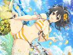  1girl anniversary asuka_(senran_kagura) banana_boat bikini blue_sky blush bow breasts brown_eyes brown_hair choker cleavage cloud copyright_name day english_text falling_petals flower hair_bow hair_ribbon highres homura_(senran_kagura) large_breasts looking_at_viewer navel official_art open_mouth petals ponytail ribbon senran_kagura senran_kagura_new_link senran_kagura_shoujo-tachi_no_shin&#039;ei short_hair short_ponytail sky smile solo striped striped_bikini swimsuit water water_drop water_slide waterpark white_ribbon yaegashi_nan yellow_flower 