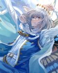  1boy arms_up belt blue_eyes butterfly_wings cloak closed_mouth diamond_hairband eyelashes fate/grand_order fate_(series) frilled_shirt_collar frills grey_hair highres juliet_sleeves long_sleeves male_focus oberon_(fate) puffy_sleeves shichimi_(ftlvampire32) short_hair smile white_belt wings 