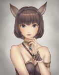  1girl animal_ears armlet artist_name avatar_(ff11) bare_shoulders blue_eyes blue_gemstone bracelet breasts brown_hair cactus41747280 cat_ears cat_girl cleavage collarbone final_fantasy final_fantasy_xi fingernails gem gold_choker hand_up highres jewelry looking_at_viewer medium_breasts open_mouth pink_lips short_hair solo upper_body 