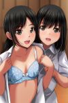  2girls :d absurdres black_hair blue_bra blush bra breasts brown_eyes collarbone collared_shirt dated_commentary dressing highres long_hair looking_at_viewer matsunaga_kouyou multiple_girls open_clothes open_mouth open_shirt original polka_dot polka_dot_bra shirt short_sleeves small_breasts smile teeth underwear upper_body upper_teeth_only white_shirt wooden_wall 