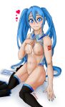  blue_eyes blue_hair blush breasts cum cum_in_mouth cum_on_body cum_on_breasts hatsune_miku highres long_hair looking_at_viewer non-web_source number_tattoo open_clothes panties panties_around_one_leg panties_removed sitting skirt skirt_removed solo striped tattoo theslus thighhighs twintails underwear vocaloid 