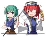  2girls ;d blue_eyes blue_headwear bright_pupils english_commentary epaulettes frilled_hat frills green_eyes hair_bobbles hair_ornament hat holding holding_scythe long_sleeves looking_at_viewer multiple_girls obi one_eye_closed onozuka_komachi open_mouth red_eyes red_hair rod_of_remorse sash scythe shiki_eiki simple_background smile spam_(spamham4506) touhou two_side_up upper_body white_background white_pupils wide_sleeves 