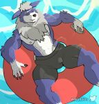  absurd_res anthro banchowollviehmon bandai_namco blue_body blue_fur bluewollvieh bulge chest_fur chilling claws clothing digimon eyes_closed fur grey_body grey_fur hi_res lying male mane muscular muscular_anthro muscular_male nipples on_back scar shaded smile solo summer swimming_pool swimming_trunks swimwear water watermark white_body white_fur 