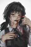  1girl artist_logo artist_name black_hair blood blood_from_mouth blood_on_clothes blood_on_face blood_on_hands chainsaw_man cross_scar dated dress fourth_east_high_school_uniform highres long_hair looking_at_viewer low_twintails mitaka_asa open_mouth pinafore_dress red_eyes ringed_eyes scar scar_on_cheek scar_on_face school_uniform simple_background sleeveless sleeveless_dress solo taorotana twintails white_background yoru_(chainsaw_man) 