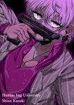  1boy absurdres aura black_background character_name copyright_name ear_piercing eyelashes grey_suit gun highres holding holding_gun holding_weapon human_bug_daigaku jewelry kazaki_shion looking_at_viewer necklace piercing pink_eyes pink_hair pink_shirt shirt striped_suit suit typo upper_body weapon 