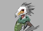  akilae06 alien anthro arm_tuft arm_wraps armor avian avian_caruncle beak breastplate brown_eyes bust_portrait colored fangs feather_hair feather_tuft feathered_crest feathers female green_armor grey_body grey_feather_hair grey_feathers grey_skin halo_(series) head_crest hi_res kig-yar looking_at_viewer microsoft portrait pseudo_hair scalie shawl simple_background solo t&#039;vaoan teeth tuft wraps xbox_game_studios yellow_sclera 