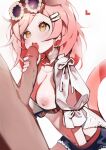  1boy 1girl absurdres animal_ears arknights blue_shorts cat_ears cat_girl cat_tail electrophorus erection extra_ears fellatio female_masturbation goldenglow_(arknights) goldenglow_(summer_flowers)_(arknights) hand_on_another&#039;s_penis hand_under_clothes hand_under_shorts heart hetero highres licking licking_penis long_hair masturbation navel nipples open_mouth oral penis photoshop_(medium) pink_hair shirt shorts simple_background solo_focus tail teeth upper_teeth_only white_background white_shirt yellow_eyes 