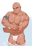  1boy abs another_eidos-r bald bara bathing breath bulge excessive_pubic_hair feet_out_of_frame forked_eyebrows fundoshi highres japanese_clothes kansuke_(kansuke_717) large_pectorals male_focus mature_male muscular muscular_male namuda_(crave_saga) navel navel_hair no_nipples pectorals pubic_hair scar scar_on_chest see-through shiny_skin short_hair solo standing thick_eyebrows thick_thighs thighs wading wet wet_clothes wet_fundoshi 