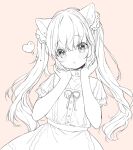  1girl :o animal_ear_fluff animal_ears blush cat_ears dress hands_up heart highres long_hair maid monochrome mutou_mato open_mouth original short_sleeves simple_background solo twintails upper_body 