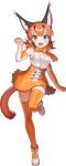  1girl animal_ears blue_eyes caracal_(kemono_friends) full_body game_cg kemono_friends kemono_friends_kingdom long_hair looking_at_viewer official_art open_mouth orange_skirt orange_thighhighs shirt shoes skirt sleeveless solo tachi-e thighhighs transparent_background white_shirt 