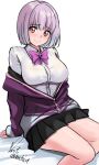  1girl black_skirt bow bowtie breasts cowboy_shot dress_shirt gradient_background gridman_universe highres jacket light_purple_hair no_legwear pleated_skirt purple_bow purple_bowtie purple_jacket red_eyes school_uniform shinjou_akane shirt sitting skirt smile solo ssss.gridman white_shirt yoo_tenchi 