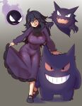  1girl :d @_@ absurdres ahoge alternate_breast_size black_hair breasts clothes_lift commentary_request covered_nipples dress dress_lift evolutionary_line gastly gengar grey_eyes hair_between_eyes hairband haunter hex_maniac_(pokemon) highres large_breasts long_hair long_sleeves looking_at_viewer open_mouth pokemon pokemon_(creature) pokemon_(game) pokemon_xy purple_dress purple_hairband shoes smile standing tomoko908_(nap4342) 