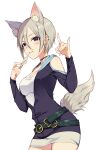  1girl :3 animal_ears bare_shoulders belt black_eyes blush breasts brown_choker choker cleavage closed_mouth clothing_cutout collarbone cowboy_shot fake_animal_ears fake_tail fox_ears fox_shadow_puppet fox_tail green_belt grey_hair hair_between_eyes hands_up holding holding_paper idolmaster idolmaster_cinderella_girls idolmaster_cinderella_girls_starlight_stage long_sleeves looking_at_viewer medium_breasts multiple_belts paper partially_unzipped reimin shiomi_syuko shirt short_hair shoulder_cutout simple_background smile solo standing tail two-tone_dress white_background white_shirt zipper 