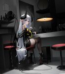  1girl :o bar_stool bare_shoulders black_footwear black_jacket black_thighhighs blue_eyes blush bottle ceiling_light cup demon_horns demon_tail drinking_glass dutch_angle from_behind grey_hair hair_between_eyes high_heels highres horns huizhiyin indoors jacket leaning_on_table long_hair looking_at_viewer looking_back multiple_tails off-shoulder_shirt off_shoulder open_mouth original painting_(object) pointy_ears shadow shelf shirt sidelocks sleeve_cuffs sleeves_past_wrists solo stool tail thighhighs thighs tile_floor tiles two_tails very_long_hair wine_bottle wine_glass 