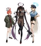  3girls absurdres ahoge asuna_(blue_archive) bandaid baseball_bat bikini black_bikini black_hair black_skirt blonde_hair blood blood_on_clothes blood_on_face blue_archive blue_shirt boots braid breasts brown_eyes cosplay cuffs dark-skinned_female dark_skin demon_costume demon_girl demon_horns demon_tail demon_wings fishnet_thighhighs fishnets frankenstein&#039;s_monster frankenstein&#039;s_monster_(cosplay) garter_straps gradient_hair green_jacket halloween_costume halo handcuffs hat highres horns jacket karin_(blue_archive) kosubi_(tsuneta328) large_breasts latex latex_boots long_hair micro_bikini multicolored_hair multiple_girls neru_(blue_archive) pencil_skirt pointy_ears police police_hat police_uniform policewoman pubic_tattoo purple_hair red_eyes red_hair shirt short_hair short_shorts short_sleeves shorts side_braid skirt swimsuit tail tattoo thigh_boots thighhighs twintails uniform very_long_hair white_background wings 