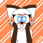  animal_humanoid anthro blue_eyes brown_body canid canid_humanoid canine canine_humanoid clothed clothing cute_expression cute_eyes female fluffy fox fox_humanoid fur hair hand_on_cheek happy humanoid long_hair looking_at_viewer mammal mammal_humanoid monochrome open_mouth orange_and_white orange_background orange_body orange_fur simple_background smile star_eyes stripes thatonewolfgang valkyria_(thatonewolfgang) white_hair 