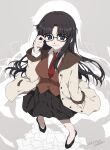  1girl artist_name black-framed_eyewear black_hair blue_eyes breasts brown_vest coat commentary dated dress_shirt floating_clothes floating_hair from_above glasses grey_background hand_on_eyewear highres impossible_clothes impossible_vest kubota(yurakubo) large_breasts loafers long_hair long_skirt long_sleeves necktie open_clothes open_coat pantyhose paper parted_bangs pigeon-toed read_or_die rectangular_eyewear red_necktie shirt shoes silhouette skirt smile solo vest white_shirt yomiko_readman 