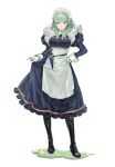  1girl apron black_footwear boots breasts byleth_(female)_(fire_emblem) byleth_(fire_emblem) clothes_lift dagger dress enlightened_byleth_(female) fire_emblem fire_emblem:_three_houses full_body gloves green_eyes green_hair hair_between_eyes high_heel_boots high_heels highres juliet_sleeves knife lifted_by_self long_sleeves maid maid_headdress medium_breasts medium_hair neekosiah puffy_sleeves sheath sheathed simple_background skirt skirt_lift solo standing weapon white_apron white_background white_gloves 