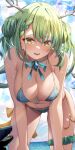  1girl absurdres al_ryude antlers bare_shoulders beach bikini blue_bikini blue_ribbon blue_sky blush braid braided_bangs branch breasts ceres_fauna cleavage cloud day english_commentary front-tie_bikini_top front-tie_top green_hair highres holocouncil hololive hololive_english jewelry large_breasts leaning_forward long_hair looking_at_viewer mole mole_under_eye navel ocean open_mouth outdoors ribbon side-tie_bikini_bottom sky smile solo standing swimsuit virtual_youtuber water yellow_eyes 