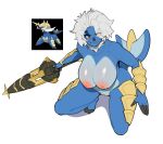  2023 anthro areola biped blue_body breasts crouching female generation_5_pokemon genitals hair hi_res kambo nintendo nipples nude orange_eyes pokemon pokemon_(species) pussy samurott shadow simple_background solo white_background white_hair yellow_body 