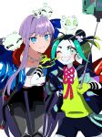  1boy 1girl ;d blue_eyes blue_jacket chain_necklace commentary fate/grand_order fate_(series) green_eyes green_hair hair_ribbon highres jacket jewelry kon_(fate) meltryllis_(fate) necklace one_eye_closed pale_skin pirohi_(pirohi214) prosthesis prosthetic_leg purple_hair ribbon selfie_stick shorts sidelocks smile taisui_xingjun_(fate) 
