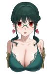  1girl absurdres anosillus_ii anosillus_ii_(private_time) azur_lane bare_shoulders breasts brown_jacket camisole collarbone commentary_request cropped_torso earrings glasses green-framed_eyewear green_camisole grey_hair gridman_universe heart heart_earrings highres huge_breasts jacket jewelry looking_at_viewer off_shoulder official_alternate_costume open_mouth red_eyes rk_(cc15915r) simple_background smile solo ssss.dynazenon upper_body white_background 
