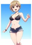  1girl aiba_yumi bikini black_bikini blue_background blue_shorts bracelet breasts brown_eyes brown_hair cutoffs denim denim_shorts feet_out_of_frame highres idolmaster idolmaster_cinderella_girls jewelry large_breasts open_fly pataneet short_hair shorts smile solo swimsuit 