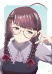  1girl absurdres ahoge blunt_bangs book_hair_ornament braid brown_eyes brown_hair glasses hair_ornament hairclip highres indie_virtual_youtuber long_hair long_sleeves simple_background smile solo takllou twin_braids upper_body virtual_youtuber yomiyama_humino 