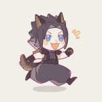  1boy animal_ears animal_feet belt black_gloves black_hair blue_eyes chibi crisis_core_final_fantasy_vii dog_ears dog_tail final_fantasy final_fantasy_vii gloves hao_xiang_yishui_bu_xing male_focus open_mouth pants puffy_pants running short_hair simple_background sleeveless sleeveless_turtleneck smile solo spiked_hair sword sword_on_back tail turtleneck weapon weapon_on_back zack_fair 