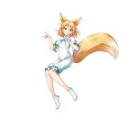  1girl animal_ears brown_eyes fox_ears fox_girl fox_shadow_puppet fox_tail full_body game_cg hair_between_eyes highres holding holding_test_tube jumpsuit kudamaki_tsukasa light_brown_hair looking_at_viewer rotte_(1109) short_hair short_sleeves simple_background socks solo tail test_tube third-party_source touhou touhou_lost_word white_background white_jumpsuit white_socks 