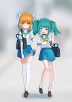  2girls :d acfun acfun_girl ankle_socks bag black_bag black_choker blue_ribbon blunt_bangs blurry blurry_background blush bow bowtie brown_footwear bun_cover chaowei_suzhi cheek_pinching choker clothes_lift double_bun fang full_body green_eyes green_hair green_sailor_collar green_skirt hair_bow hair_bun hair_ornament hair_ribbon hand_up hands_on_another&#039;s_cheeks hands_on_another&#039;s_face highres lifted_by_another loafers medium_hair midriff miniskirt multiple_girls navel neckerchief orange_eyes orange_hair pinching pleated_skirt reed_girl ribbon sailor_collar school_bag school_uniform serafuku shoes short_eyebrows short_hair short_sleeves shoulder_bag skin_fang skirt skirt_lift skirt_tug smile socks thighhighs third-party_source twintails w walking white_serafuku white_socks white_thighhighs yellow_bow yellow_bowtie yellow_neckerchief zettai_ryouiki 