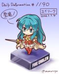  1girl aqua_eyes aqua_hair armor boots breastplate cape chibi dated eirika_(fire_emblem) faux_figurine fingerless_gloves fire_emblem fire_emblem:_the_sacred_stones full_body fushigi_ebi gloves holding holding_sword holding_weapon long_hair red_footwear red_gloves red_shirt shirt shoulder_armor sidelocks skirt smile solo sword thigh_boots twitter_username weapon white_skirt 