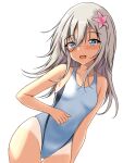  1girl blonde_hair blue_eyes blue_one-piece_swimsuit blush competition_swimsuit covered_navel cowboy_shot dated flower grey_hair hair_between_eyes hair_flower hair_ornament highleg highleg_swimsuit highres kantai_collection long_hair looking_at_viewer montemasa multicolored_clothes multicolored_swimsuit one-hour_drawing_challenge one-piece_swimsuit one-piece_tan open_mouth ro-500_(kancolle) simple_background smile solo swimsuit tan tanlines twitter_username two-tone_swimsuit wet wet_clothes wet_swimsuit white_background white_one-piece_swimsuit 