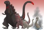  black_mouth giant giant_monster gills godzilla godzilla_(series) godzilla_(shin) highres ibuki_(tulta_icon) kaijuu long_tail looking_at_viewer monster monster_in_kamata monster_in_shinagawa mutant no_humans sacabambaspis shin_godzilla shin_godzilla&#039;s_first_form size_difference spines standing tail 