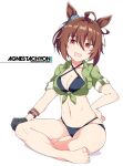  1girl agnes_tachyon_(lunatic_lab)_(umamusume) agnes_tachyon_(umamusume) ahoge barefoot bikini black_bikini black_gloves bracelet breasts brown_hair cleavage commentary_request criss-cross_halter crossed_legs feet gloves green_shirt hair_between_eyes halterneck hand_on_own_hip indian_style jewelry medium_breasts navel official_alternate_costume on_ground open_mouth shigino_sohuzi shirt short_hair single_glove sitting sleeves_rolled_up smile solo summer&#039;s_sunlight_fades_to_blue_(umamusume) swimsuit tied_shirt umamusume 